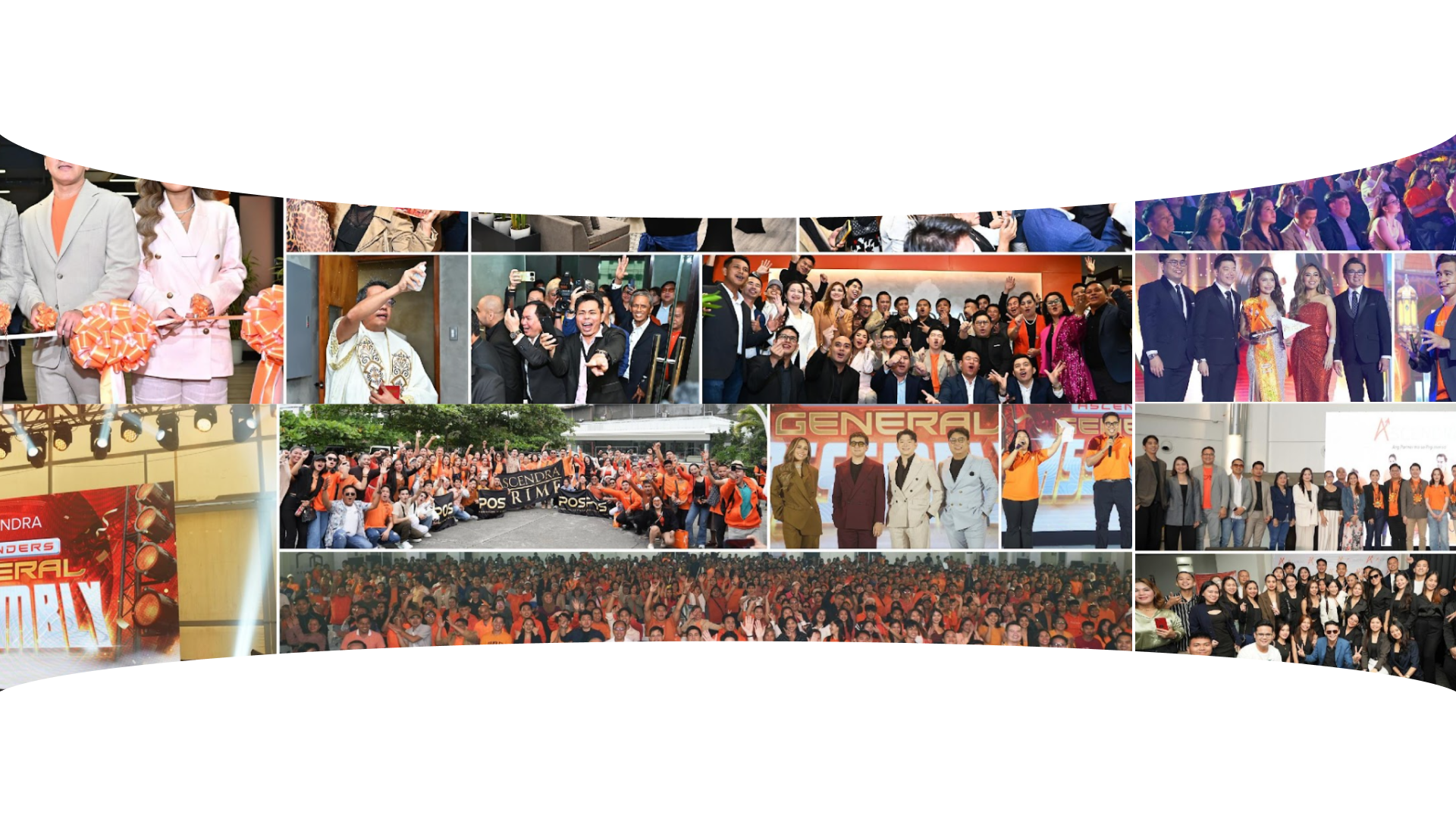 Collage of Ascendra events: assemblies, teams in orange, ribbon cuttings, and stage celebrations.