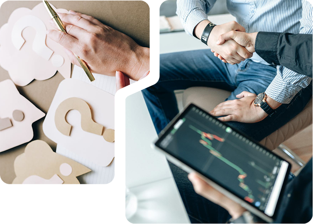 Hands planning with question marks, and a business handshake with market data on a tablet