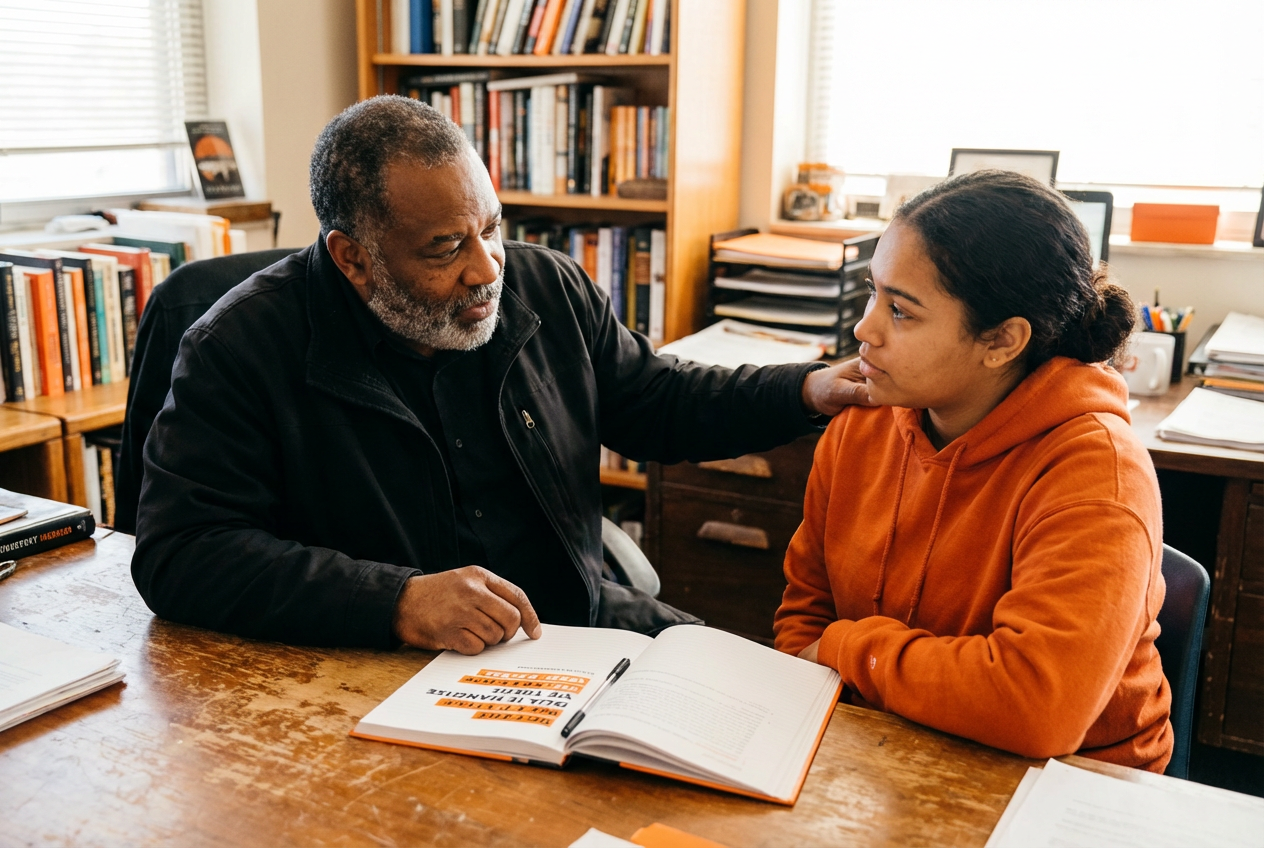 A mentor and learner reviewing a book together at a desk with bookshelves in the background.