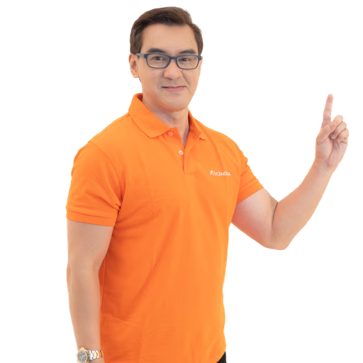 Team member in Ascendra polo pointing upward, inviting you to get in touch.